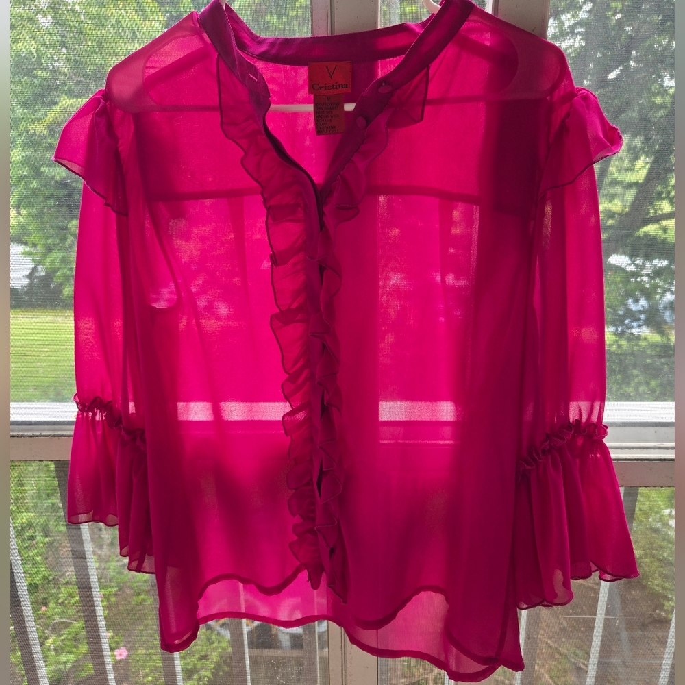 V Cristina Women's Sheer Mgenta Ruffle Blouse Size M - Picture 8 of 13